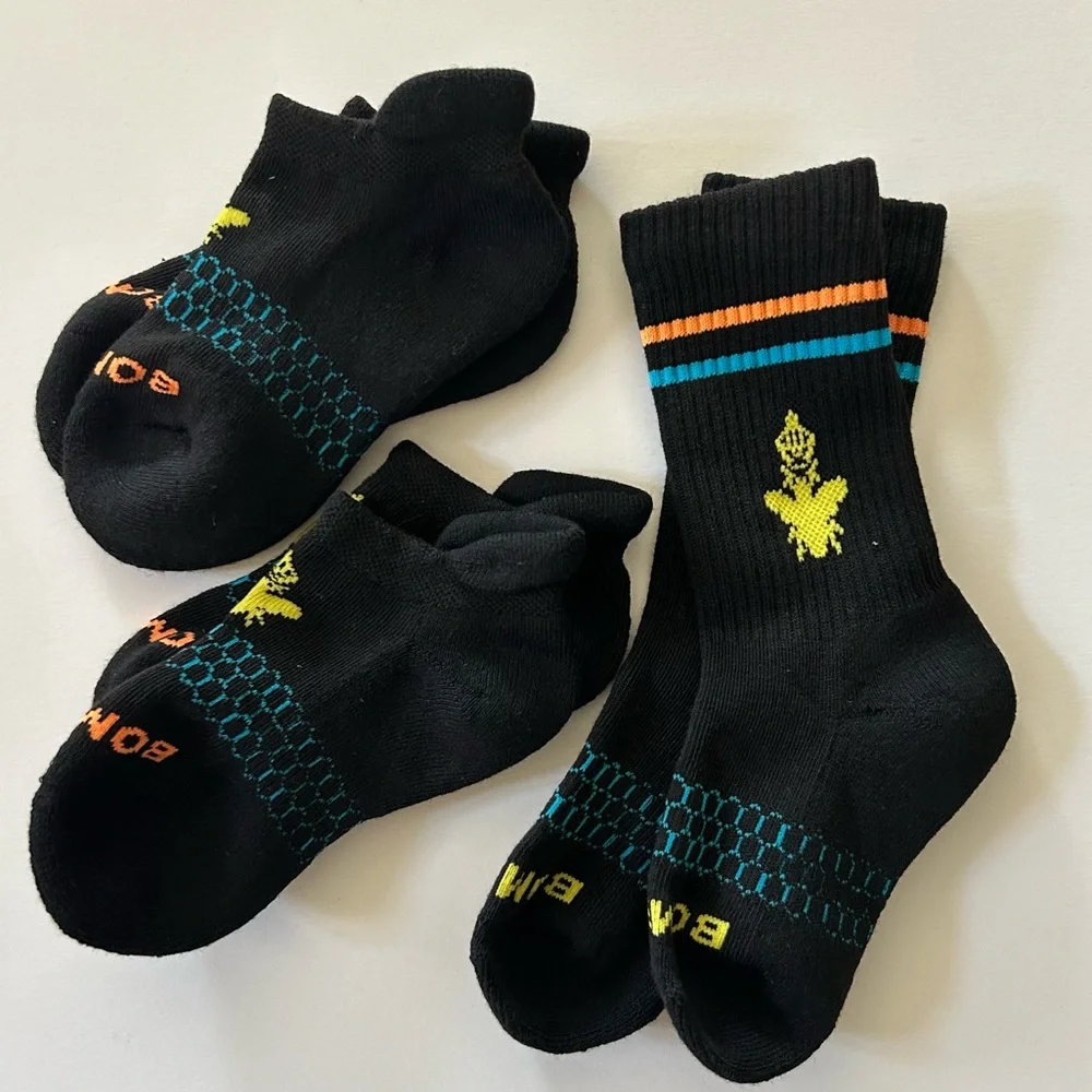 BOMBAS NWOT 3 pair XS 2 Ankle 1 Calf Sock Black w/yellow orange blue Kids Youth